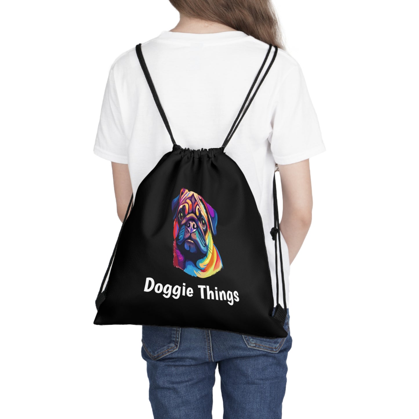 Pug Doggie Things Outdoor Black Drawstring Bag