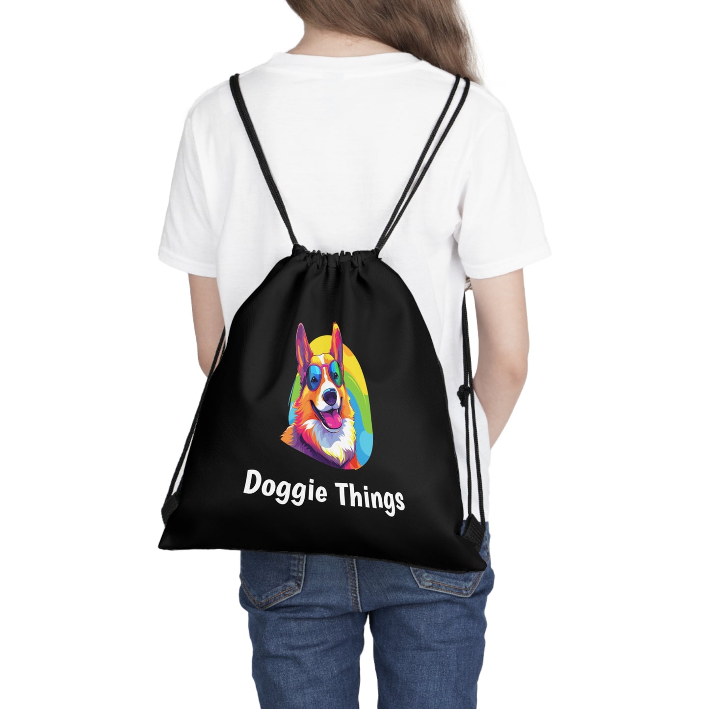 Corgi Doggie Things Outdoor Black Drawstring Bag