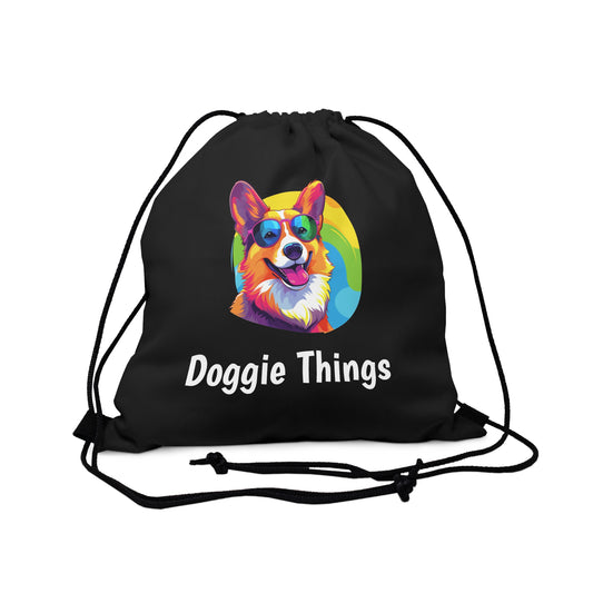 Corgi Doggie Things Outdoor Black Drawstring Bag