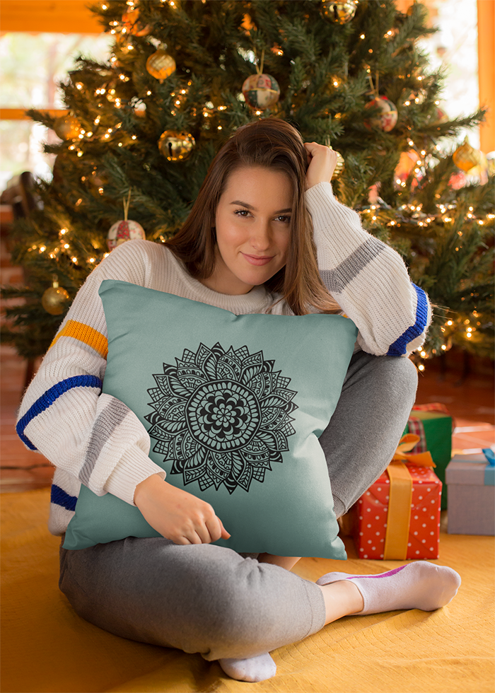 Sunflower Mandala Turquoise Decorative Pillow Cover